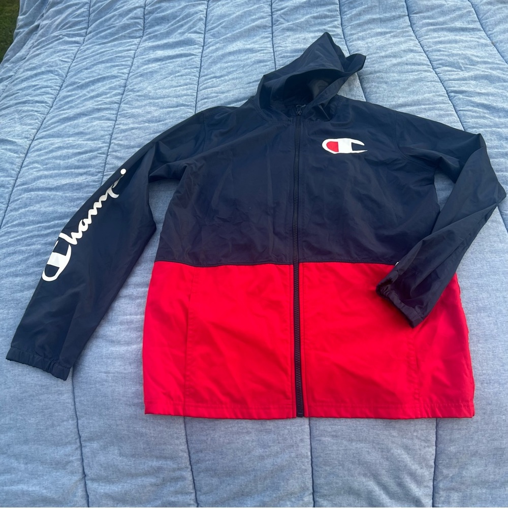 Champion Authentic Navy/Red Colorblock Full Zip Hooded Windbreaker Size XL